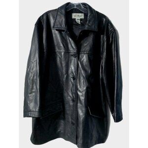 Women’s LL Bean Nappa Lambskin Leather Black Coat Size Petite XL Button Up